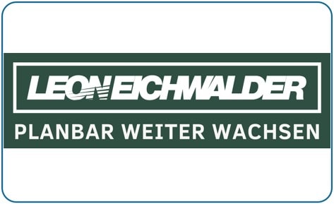Logo mit grünem Hintergrund und weißem Text: "LEON EICHWALDER PLANBAR WEITER WACHSEN".
