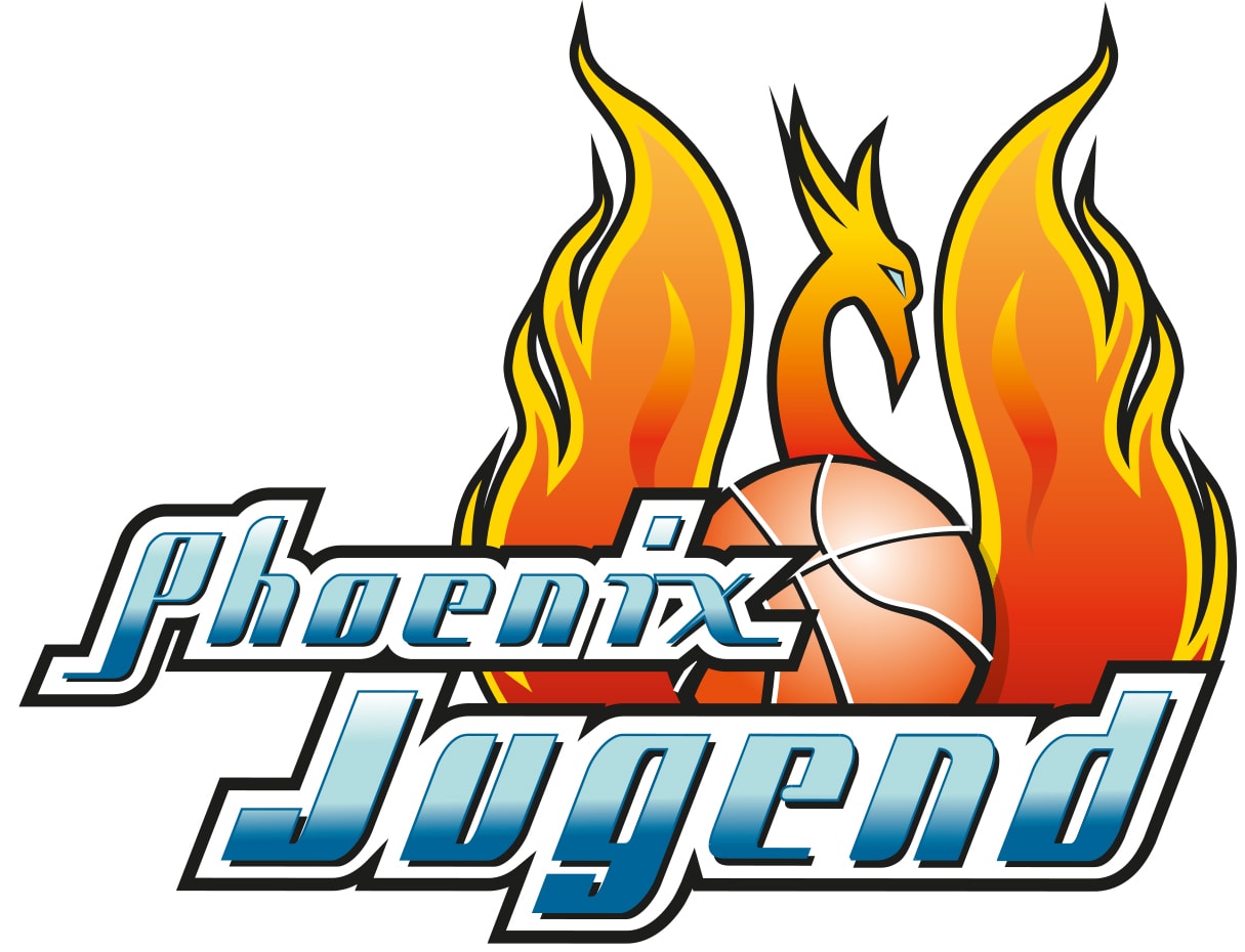 Logo mit Flammen-Phönix, Basketball, "Phoenix Jugend" in stilisierter Schrift.