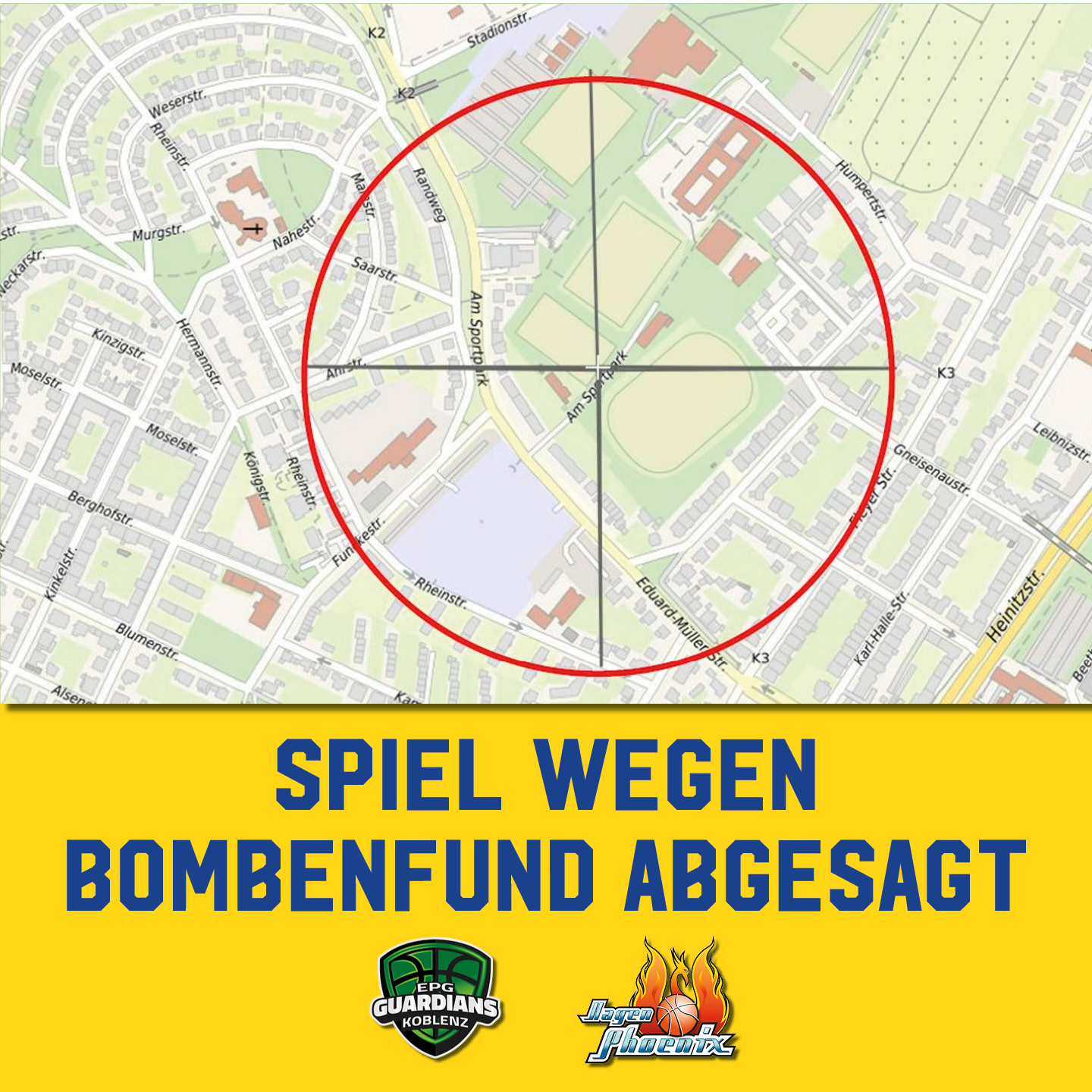Kartenansicht mit markiertem Bereich, Bombenfund; Spiel abgesagt, gelber Hintergrund.