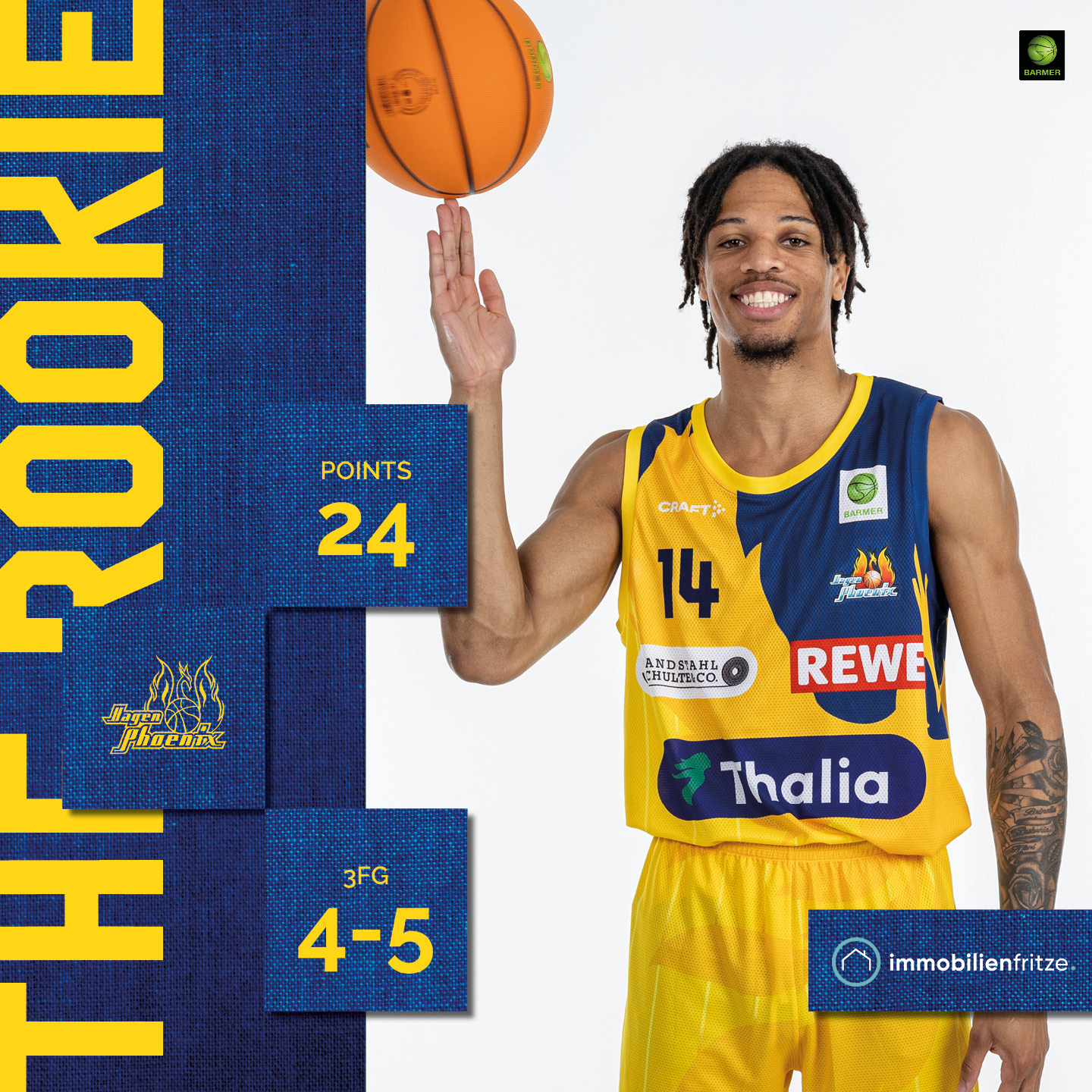 Basketballspieler lächelt, trägt gelb-blaue Uniform, hält einen Ball, Statistiken eingeblendet.