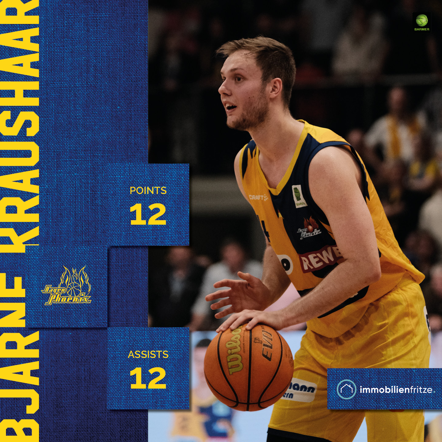 Basketballspieler im gelben Trikot dribbelt, konzentriert, Statistik-Overlay mit Punkten und Assists.
