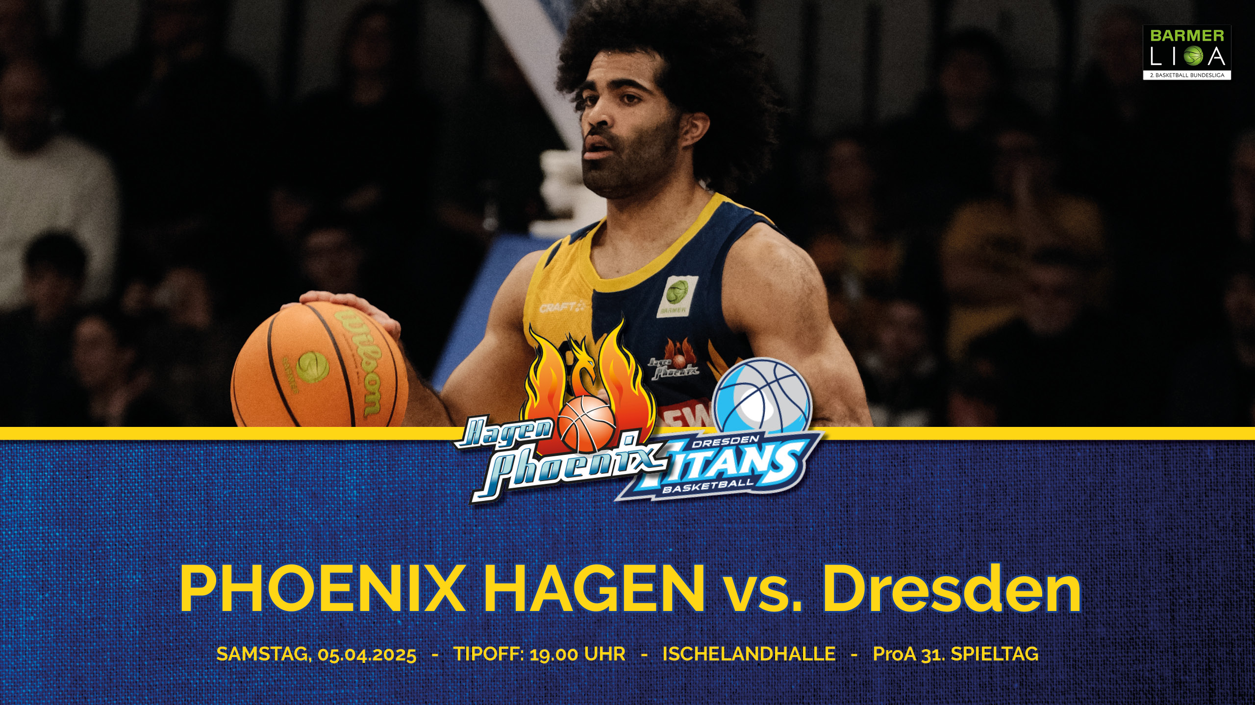 Ein Basketballspieler konzentriert im gelben Trikot beim Dribbeln auf einem Spielfeld.