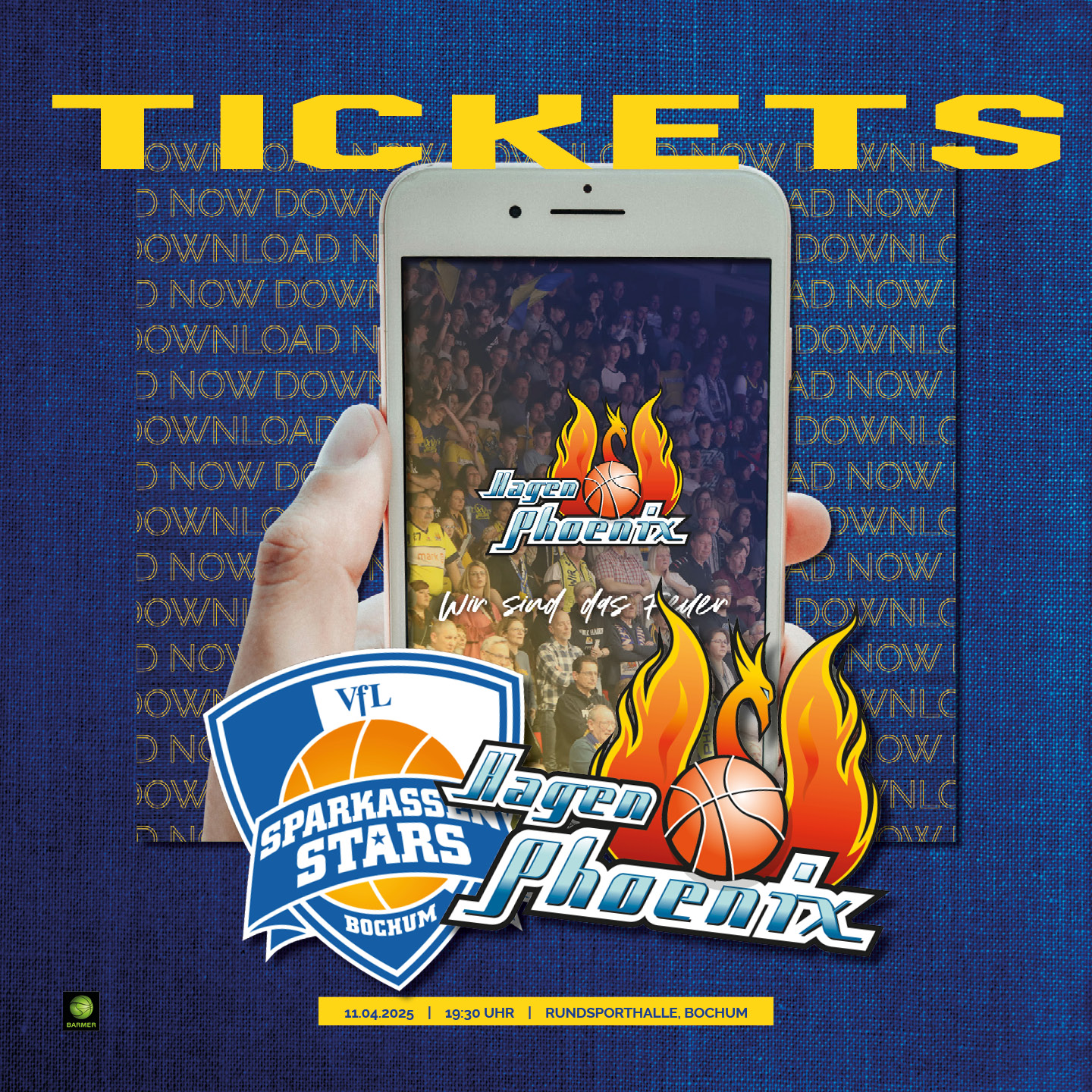 Smartphone zeigt ein Basketball-Spielplakat, darunter Flammen und Logos, blauer Hintergrund.