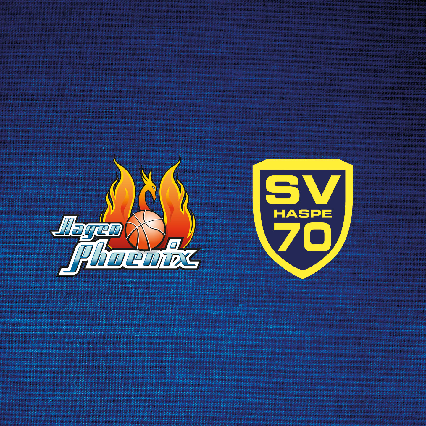 Zwei Logos auf blauem Hintergrund: Links Feuer mit Basketball; rechts gelbes SV Haspe 70-Schild.