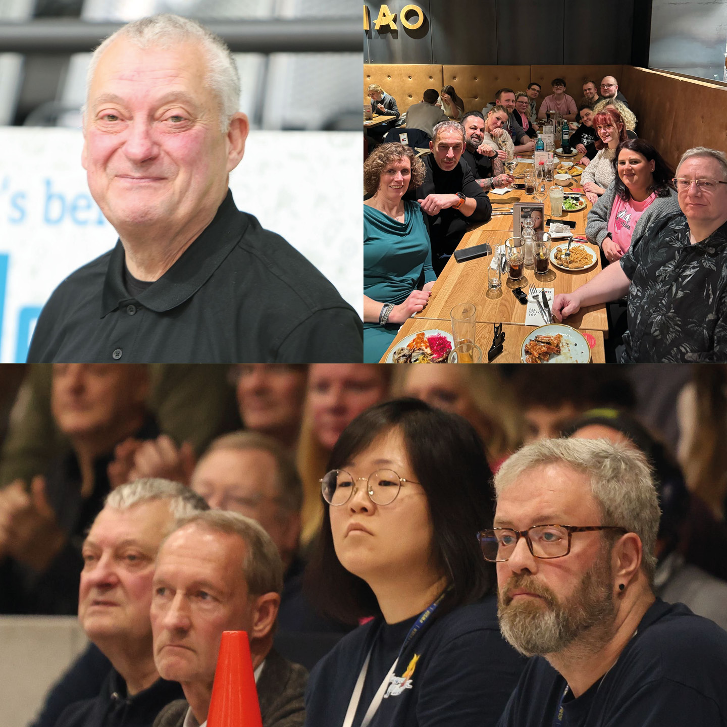 Älterer Mann in Schwarz, lächelt freundlich; Gruppenfoto: Mehrere Menschen beim Essen und Zuhören.