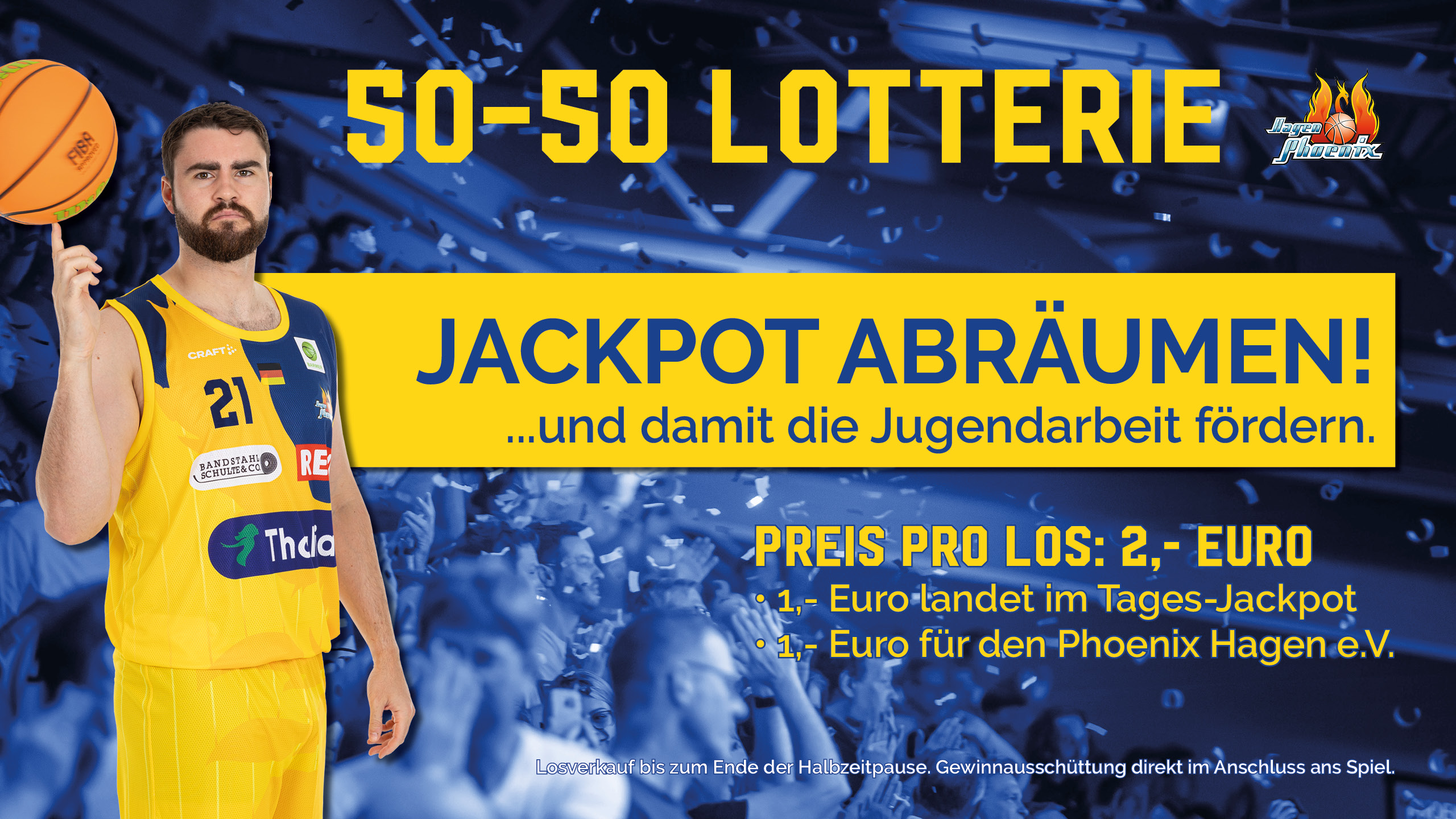 Basketballspieler im gelben Trikot hält einen Ball; entschlossener Ausdruck, Lotterieplakat.