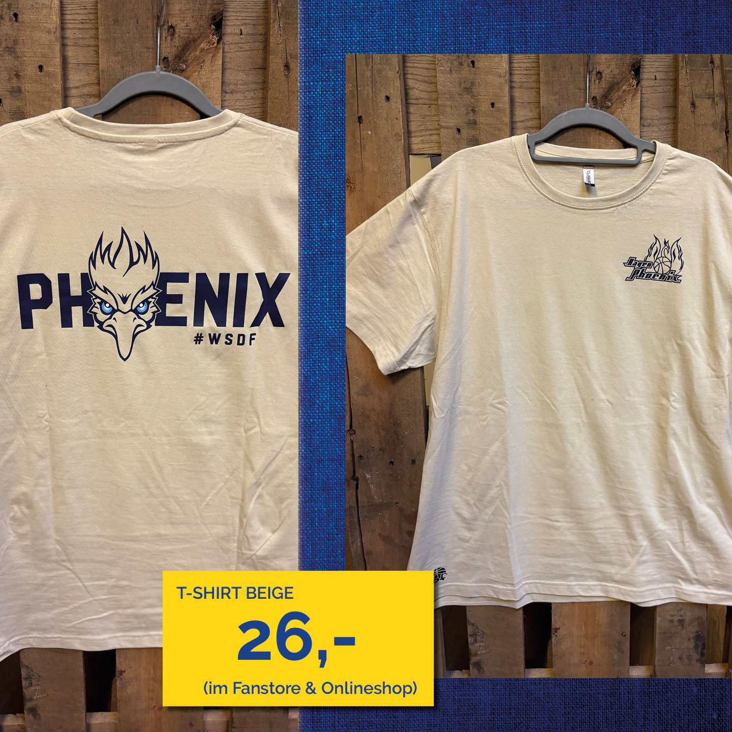 Beiges T-Shirt mit "PHOENIX"-Schriftzug und stilisiertem Vogelmotiv in Blau, hängend auf Holz.