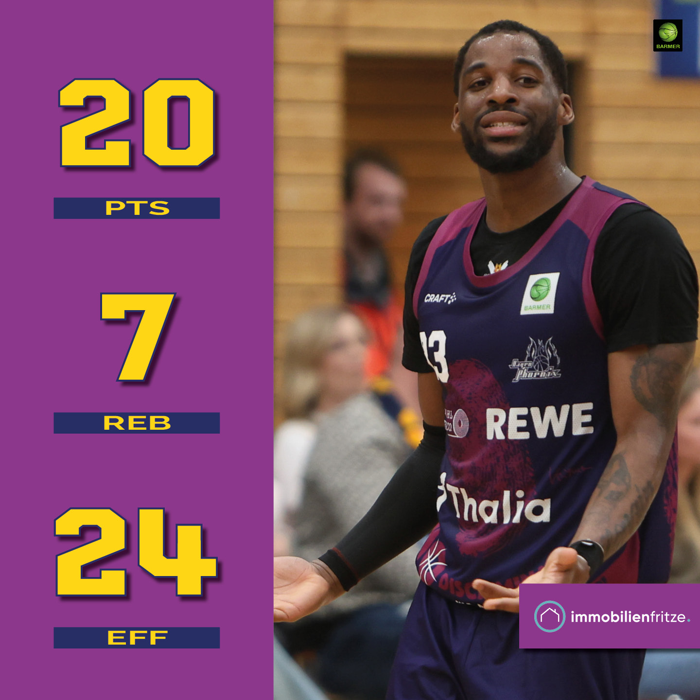 Basketballspieler in lila Trikot mit Nummer 13, lächelnd, in einer Halle neben einer Anzeigetafel.