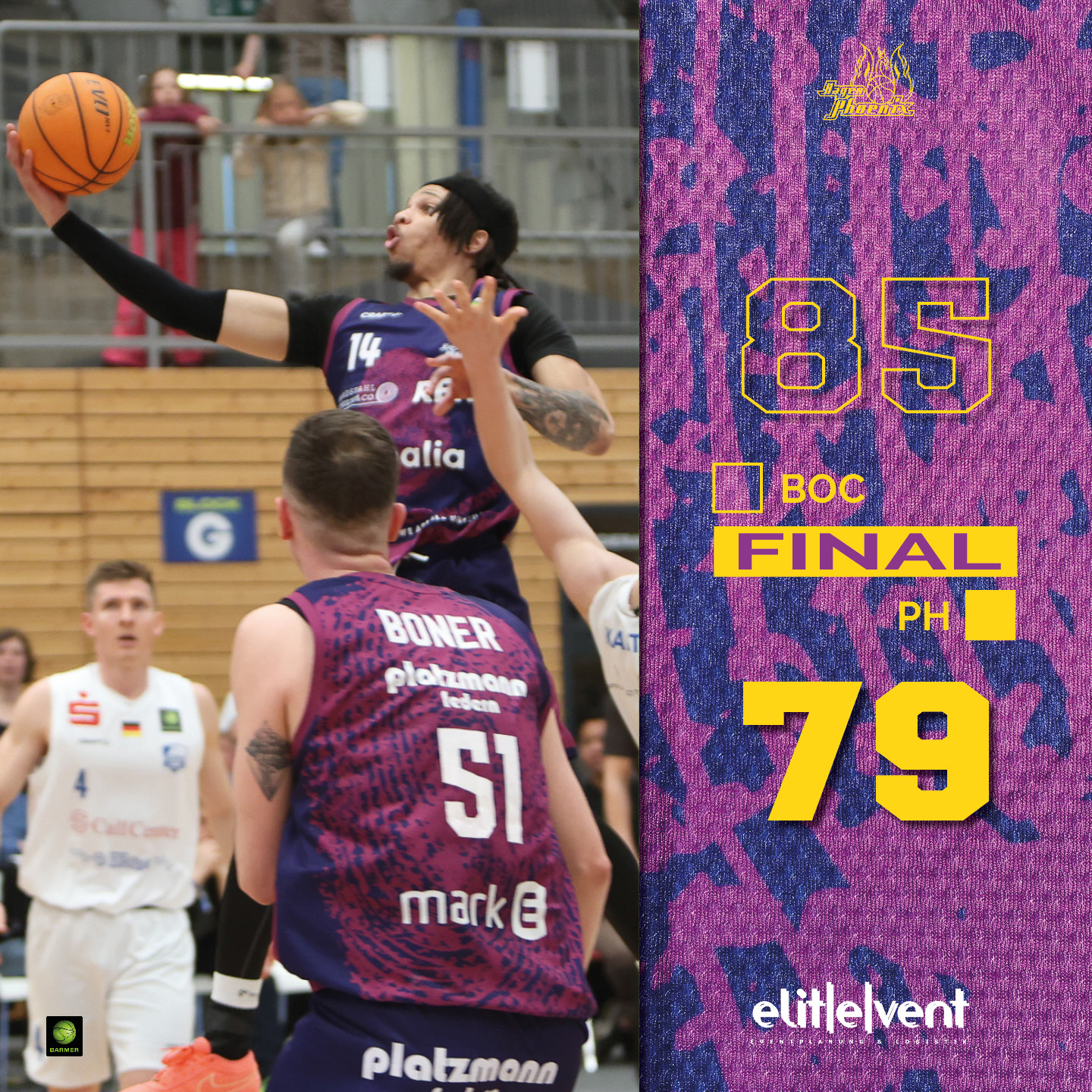 Basketballspieler im violetten Trikot springt, um den Ball zu werfen, mit angespannter Miene.
