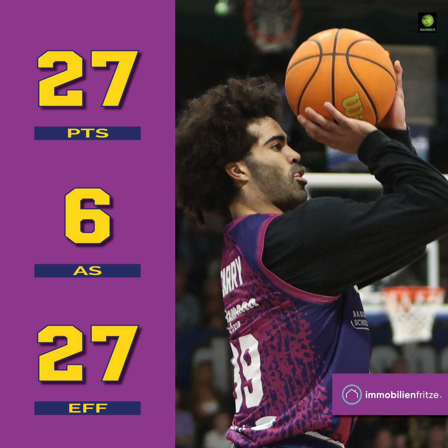 Mann mit Afrofrisur beim Basketballwurf; violetter Trikot; konzentrierter Ausdruck.