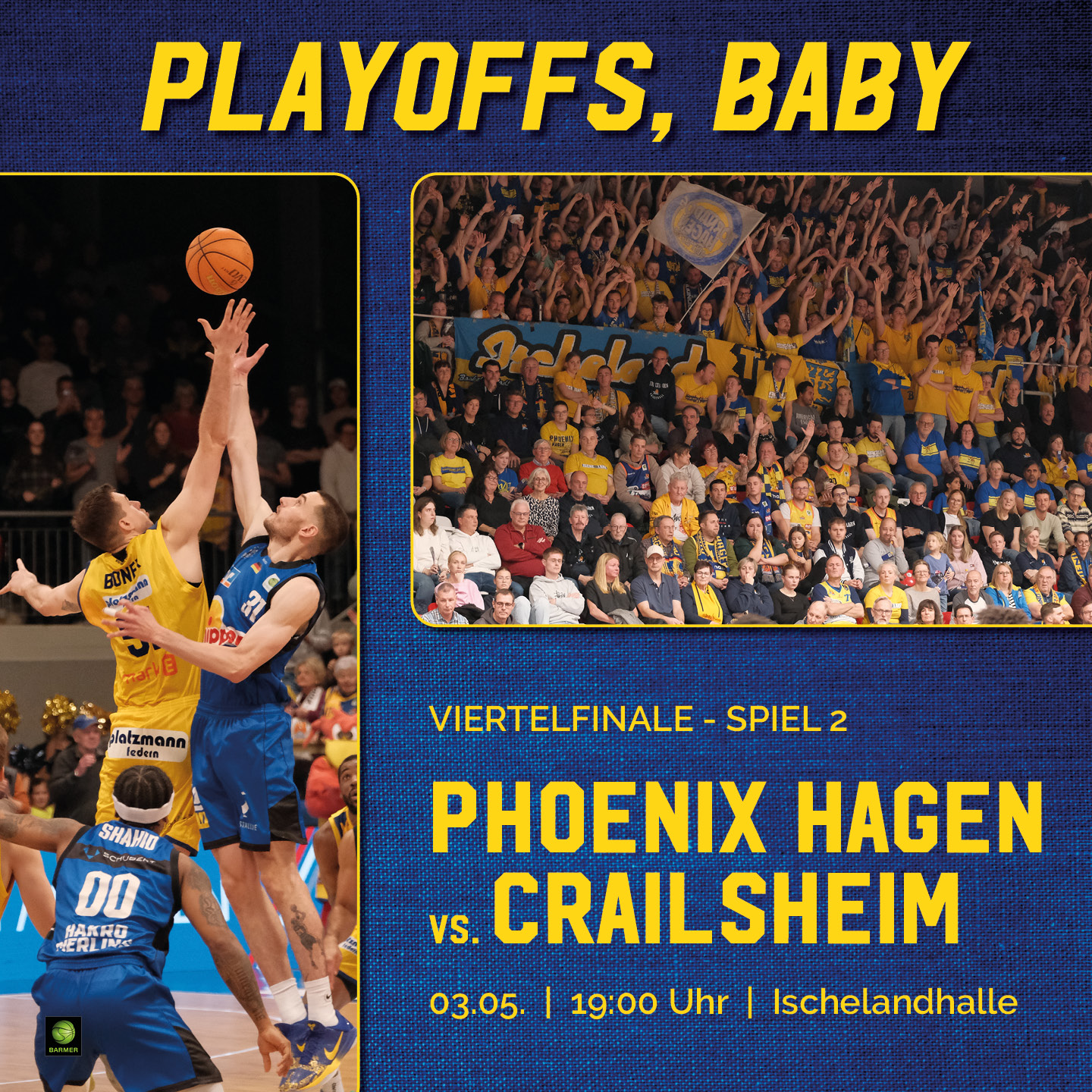 Basketballspiel mit jubelnder Menge, gelbes und blaues Trikot, Ball in der Luft.
