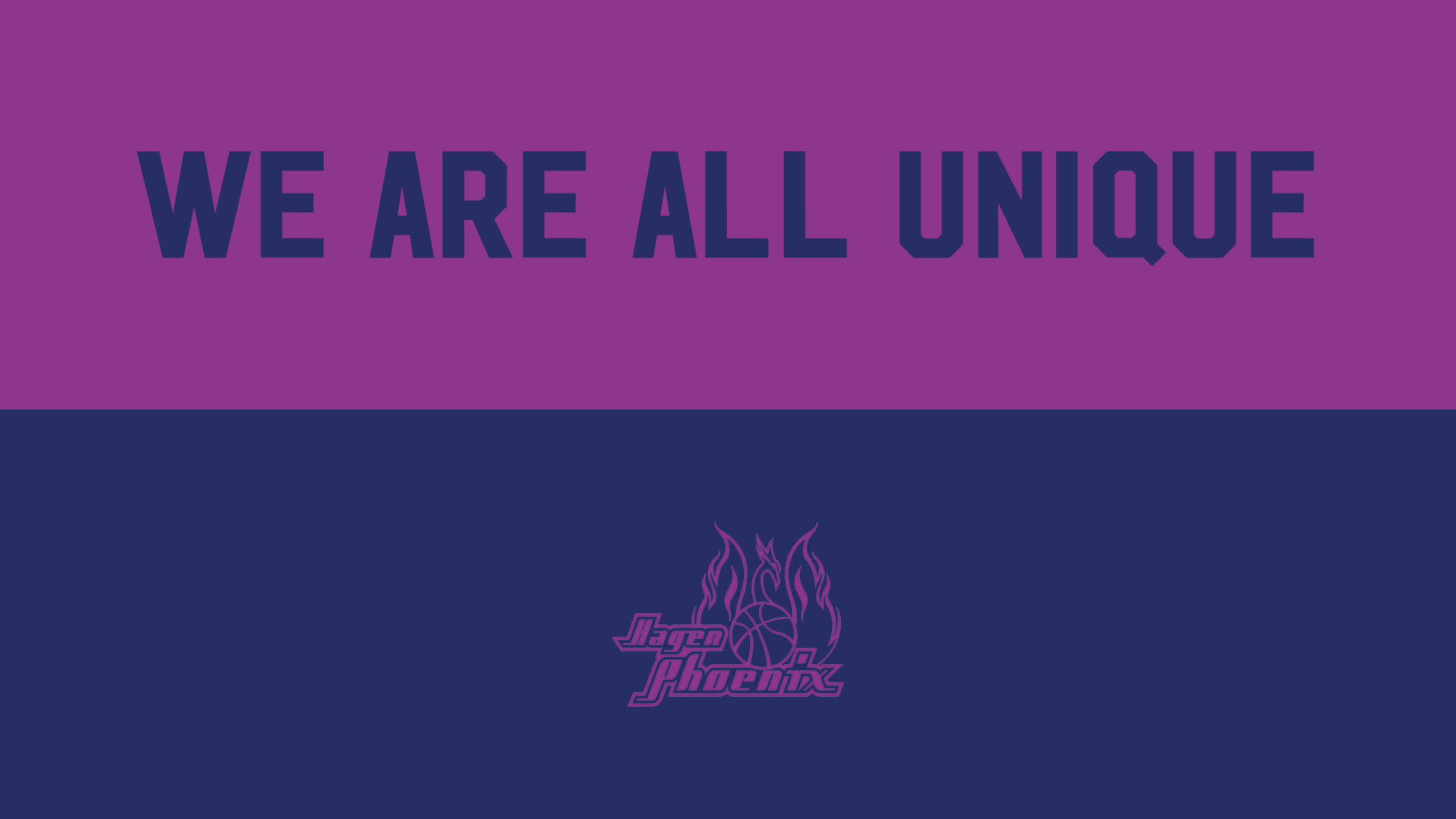 Lila- und dunkelblauer Hintergrund mit "We are all unique"-Text und Logo unten.