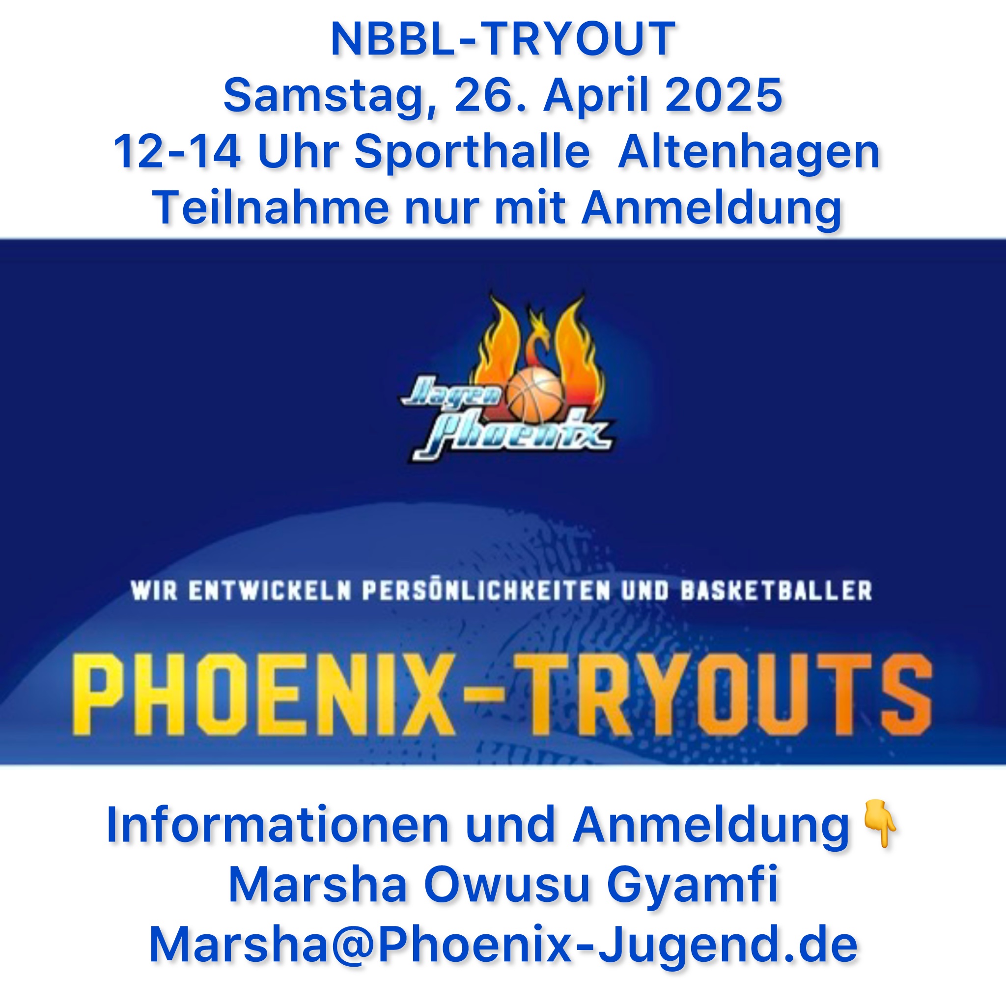 Einladungsgrafik für ein Basketball-Tryout mit Kontaktinfos, Logo und Flammenmotiv.