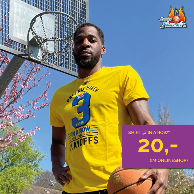 Ein Mann mit nachdenklichem Ausdruck, trägt gelbes Phoenix Hagen-Shirt, hält einen Basketball.
