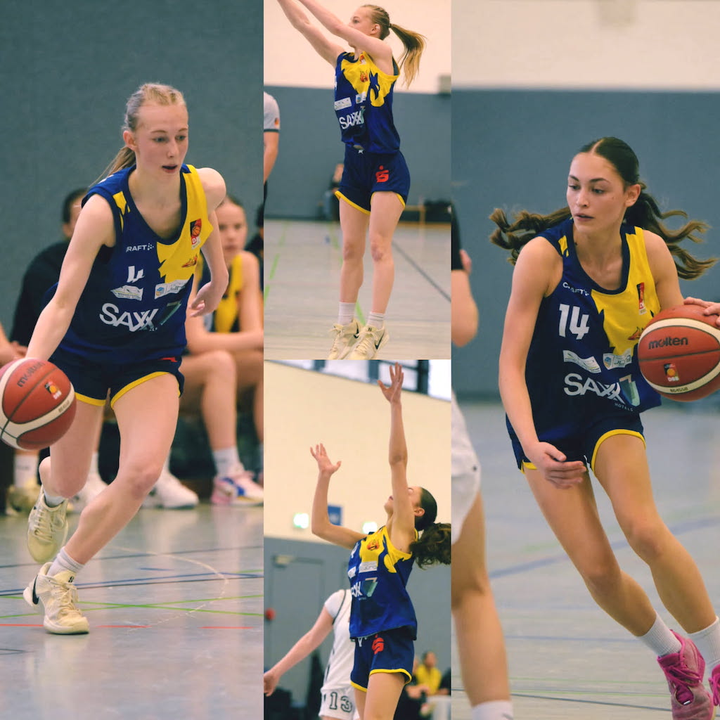 Basketballspielende Frauen in blauen Trikots beim Dribbeln und Werfen. Konzentration und Dynamik.
