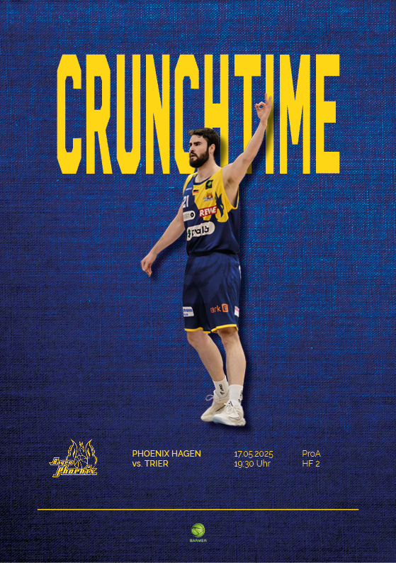 Ein Basketballspieler jubelt in gelbem Trikot vor blauem Hintergrund mit "CRUNCHTIME"-Text.