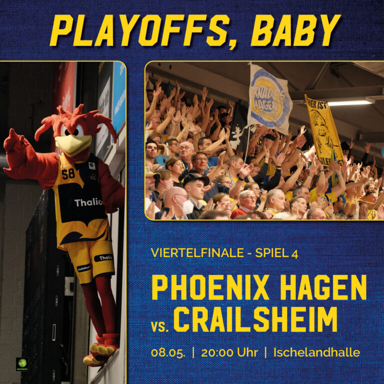 Maskottchen in rotem Kostüm, jubelnde Fans, gelbes Banner, Basketballspiel-Werbung.