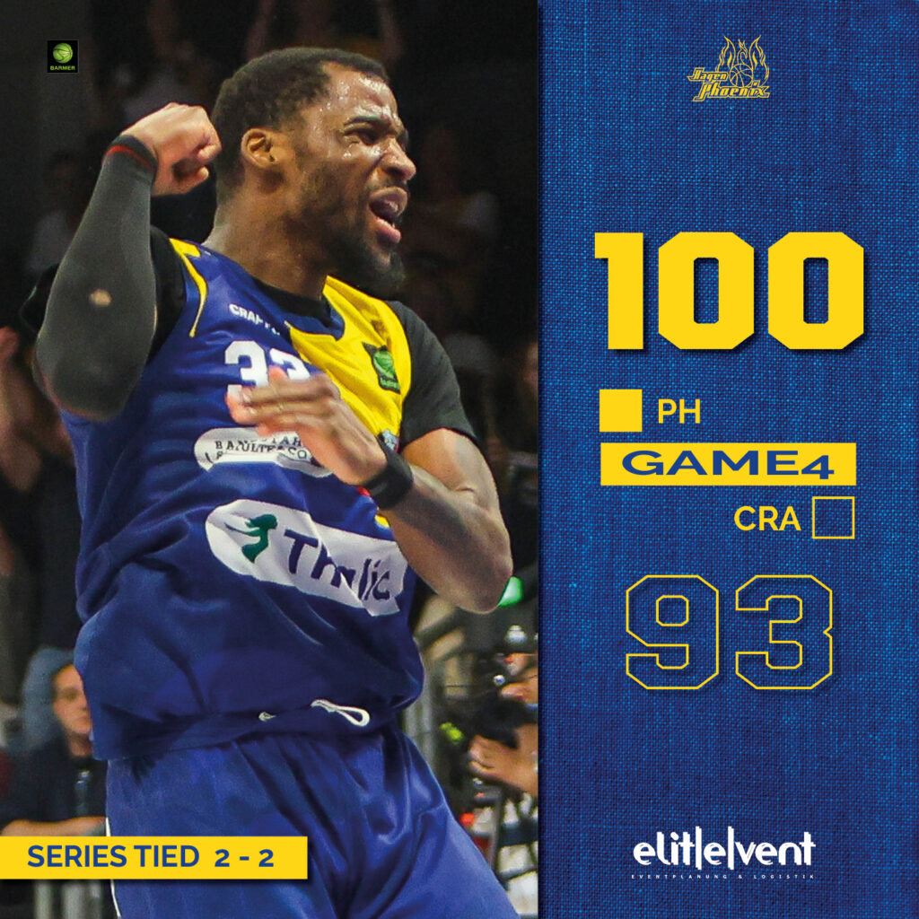 Basketballspieler jubelt energisch, blau-gelbes Trikot, Spielstand: 100-93, Serie ausgeglichen.