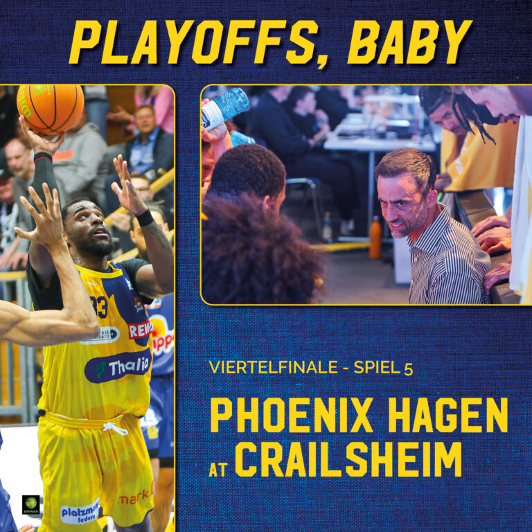 Ein Basketballspieler hebt den Ball, Trainer mit ernster Miene daneben. Text: "PLAYOFFS, BABY".