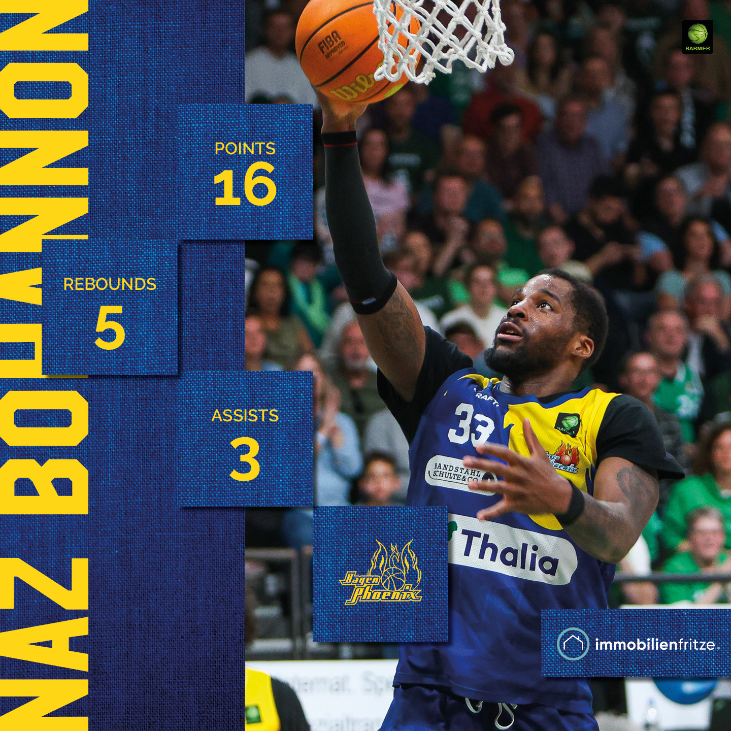 Ein Basketballspieler hebt den Ball, konzentriert, in blau-gelber Uniform vor jubelnder Menge.