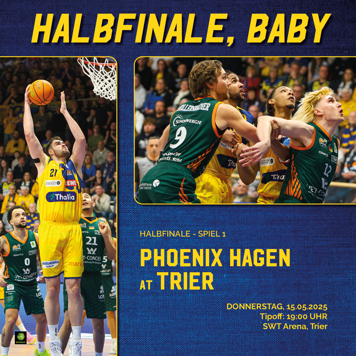Basketballspiel; Spieler in gelben und grünen Trikots; dynamische Szene mit jubelndem Publikum.