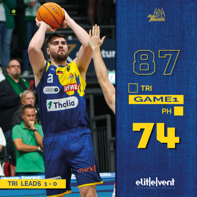 Ein Basketballspieler im blauen Trikot wirft einen Ball. Punktestand: 87-74.