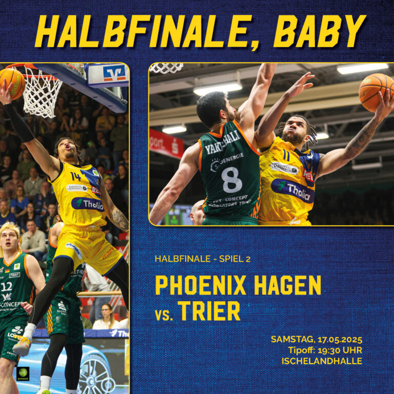 Basketballspiel: Phoenix Hagen-Spieler im gelben Trikot im Sprung unter dem Korb.