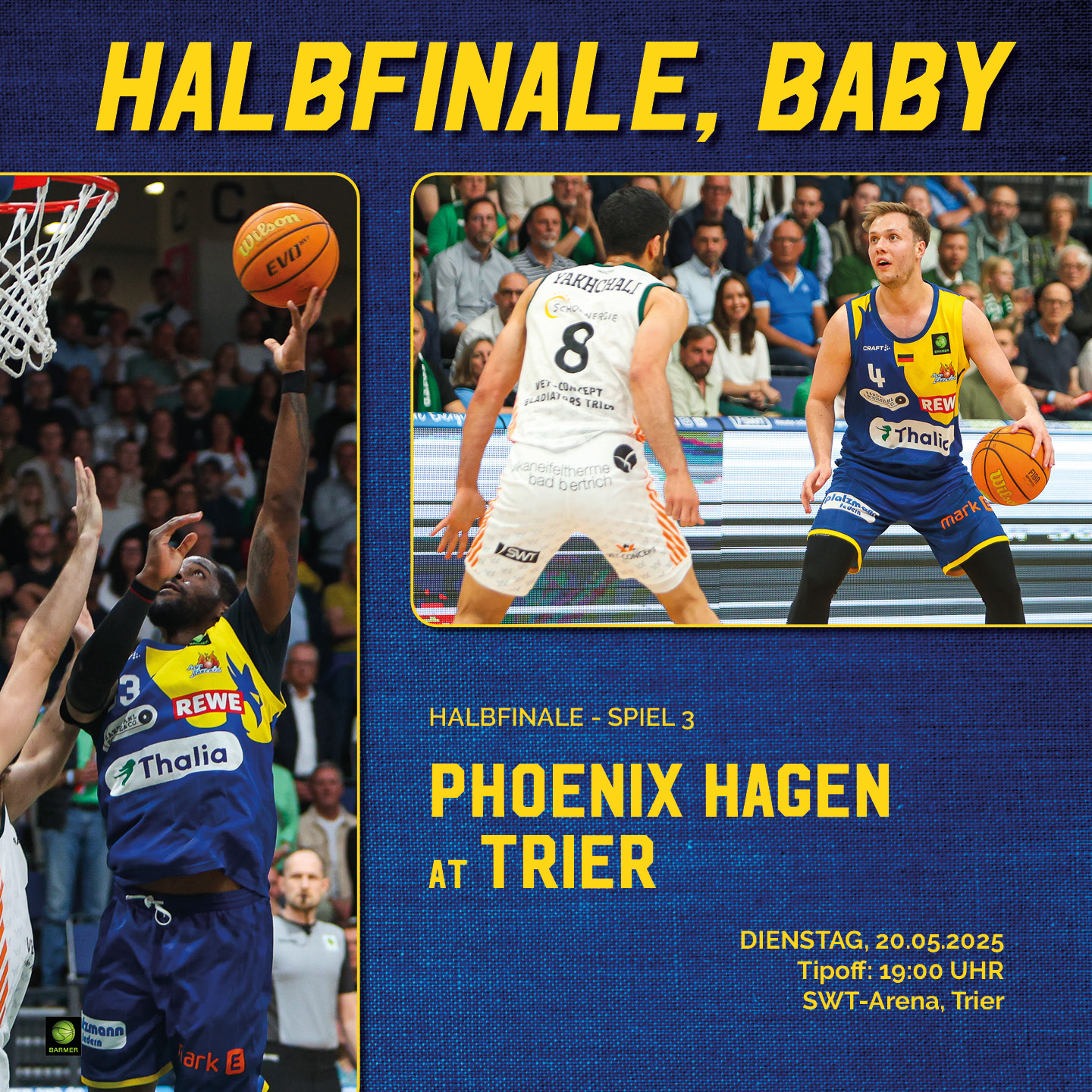 Ein Basketballspieler wirft auf den Korb, jubelnde Zuschauer im Hintergrund. Spieler in blauen Trikots.