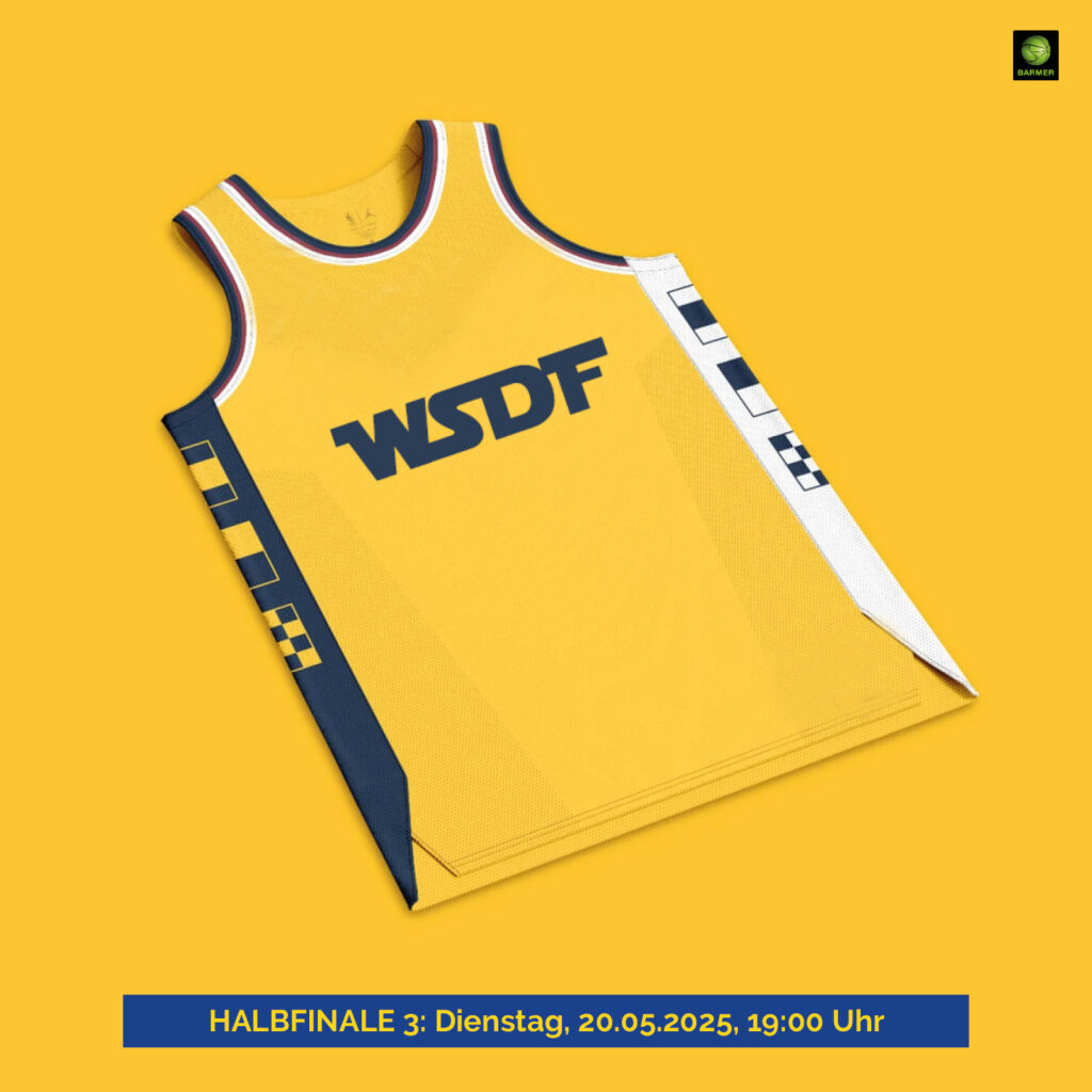 Gelbes Sporttrikot mit blauem Muster und „WSDF“-Logo auf gelbem Hintergrund, Halbfinal-Details unten.