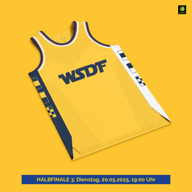 Gelbes Sporttrikot mit blauem Muster und „WSDF“-Logo auf gelbem Hintergrund, Halbfinal-Details unten.