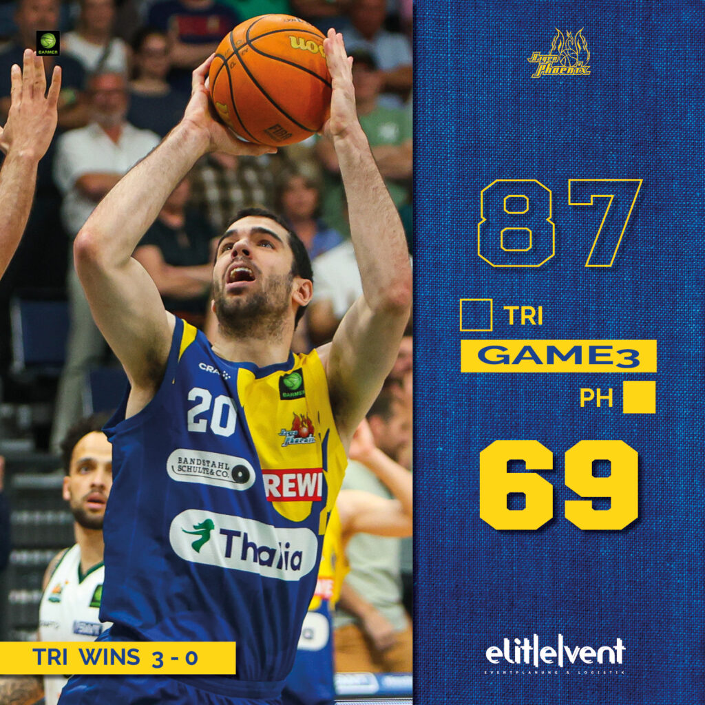 Ein Basketballspieler im blauen Trikot wirft, konzentrierter Ausdruck, Spielstand 87:69.