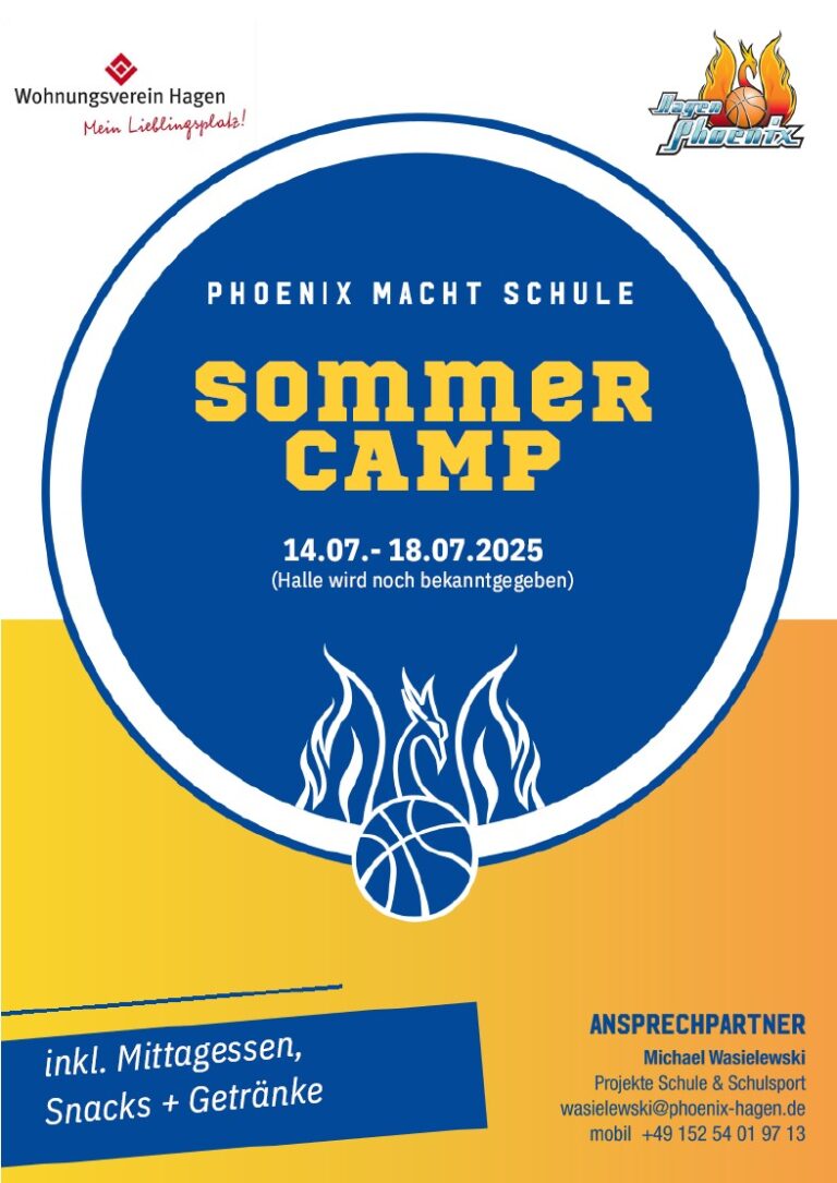 Plakat für "Sommer Camp 2025" mit Sportmotiv und Infos. Lebhafte Farben, gelb-blaues Design.