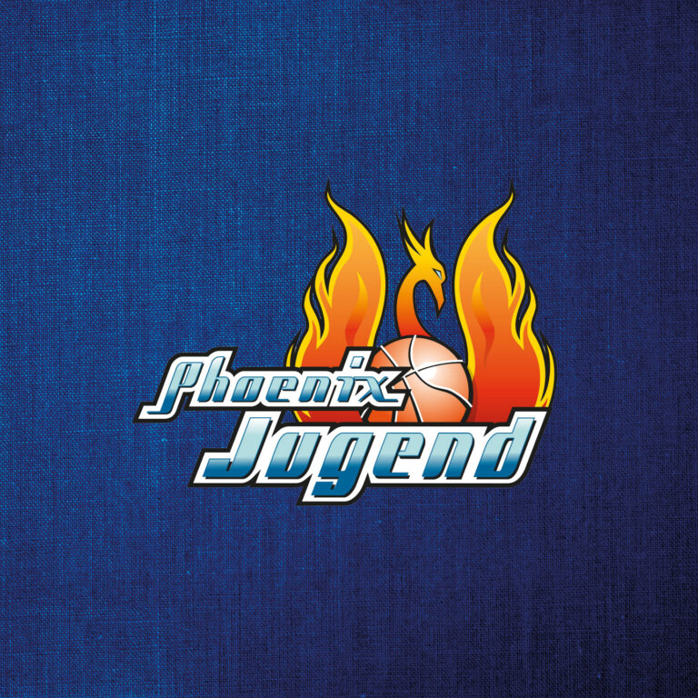 Phoenix-Jugend-Logo: Flammender Phönix umarmt Basketball, blauer Hintergrund, dynamisches Design.