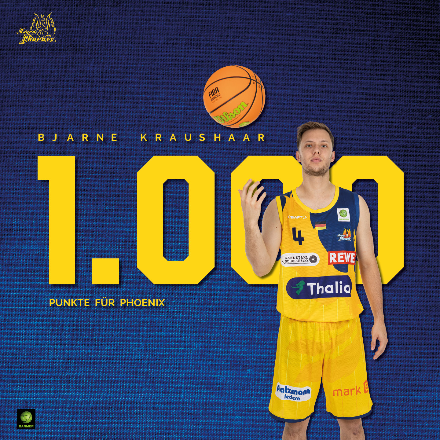 Ein Basketballspieler, gelbes Trikot, hält den Finger hoch, Hintergrund mit Zahl 1.000.