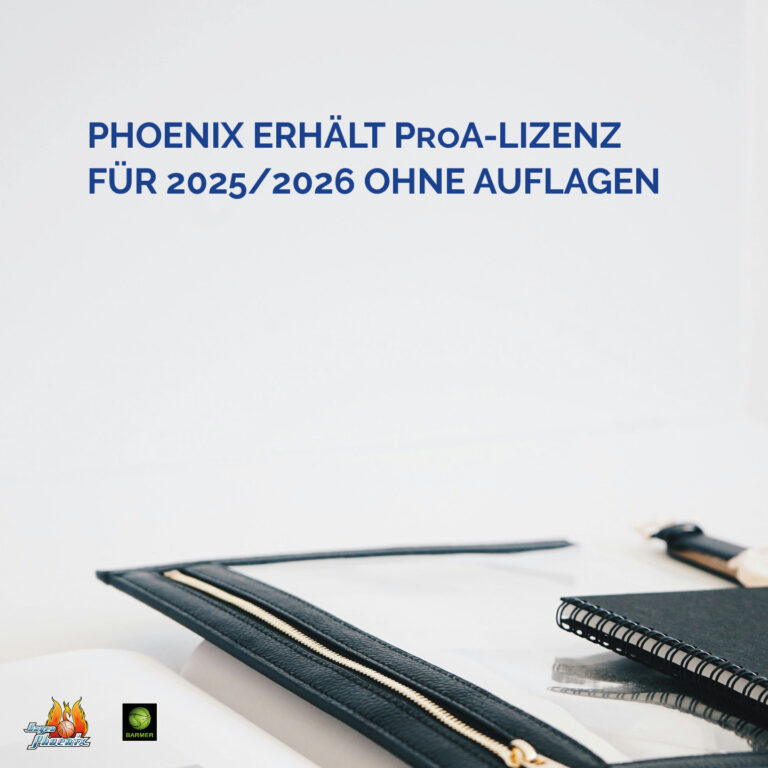 Schwarze Schreibwaren auf einem weißen Tisch. Text über ProA-Lizenz für 2025/2026 oben.