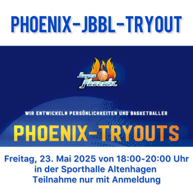 Phoenix JBBL-Tryout-Plakat mit Datum, Uhrzeit und Veranstaltungsort in Blau und Orange.