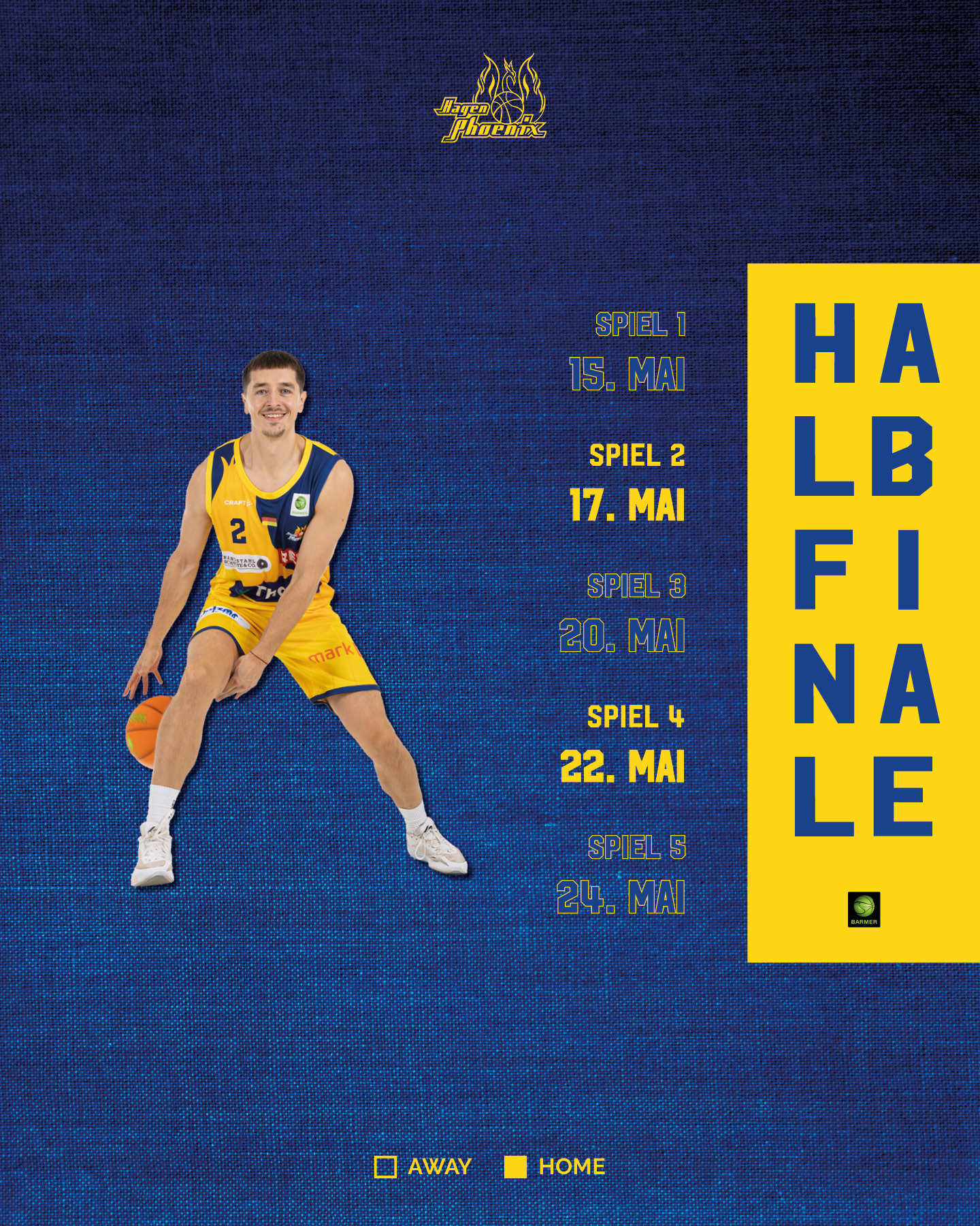 Ein Basketballspieler in gelbem Trikot dribbelt lächelnd auf blauem Hintergrund.