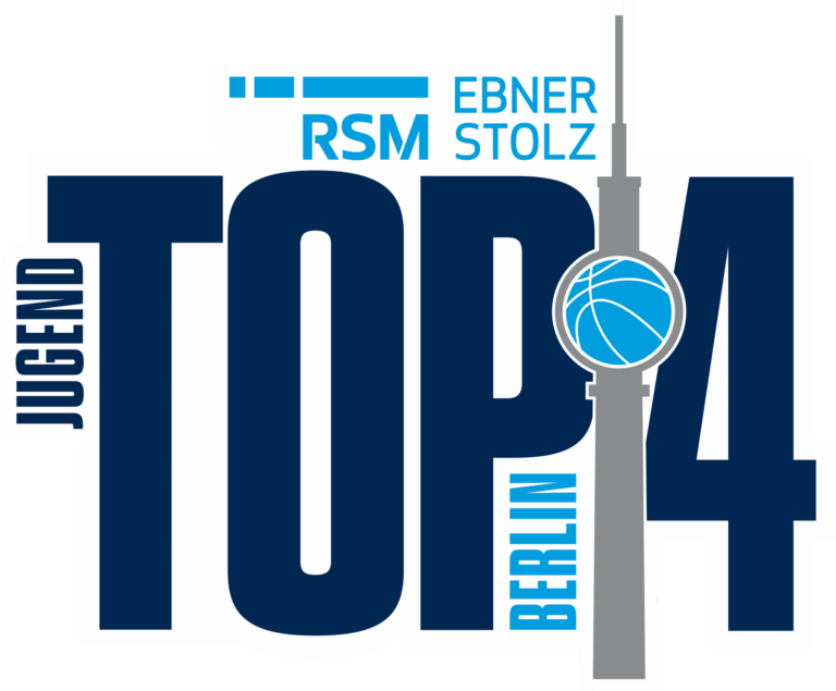 Logo der Jugend Top 4 Berlin mit Fernsehturm und Basketball-Symbol, blau und grau gestaltet.