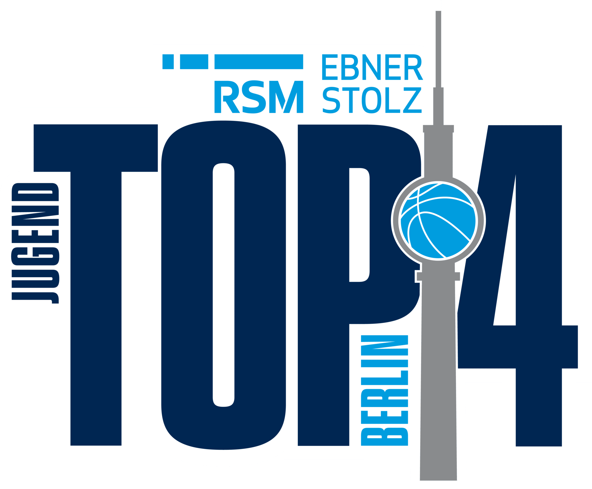 Logo der Jugend Top 4 Berlin mit Fernsehturm und Basketball-Symbol, blau und grau gestaltet.
