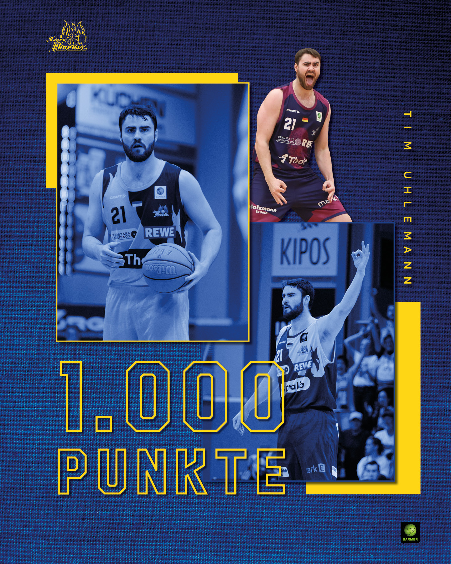 Ein Basketballspieler in blauem Trikot mit ernster Miene hält einen Ball, Text "1.000 Punkte".