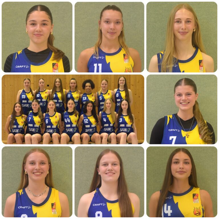 Das Bild zeigt eine Gruppe von Volleyballspielerinnen in blauer und gelber Uniform.