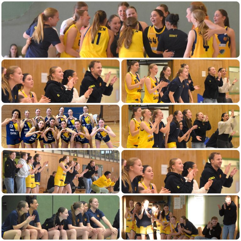 Basketballteam in gelben Trikots jubelt und klatscht, Ausdruck von Freude und Begeisterung.