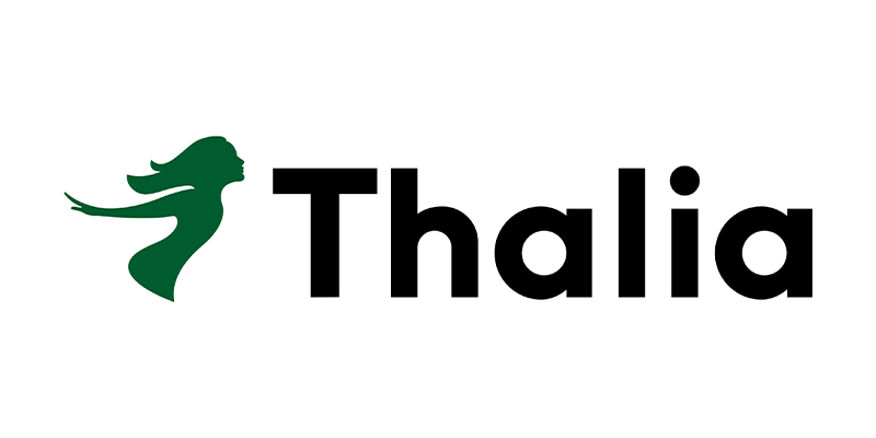 Logo von Thalia mit grünem Profil einer Frau mit wehendem Haar links von schwarzem Text.