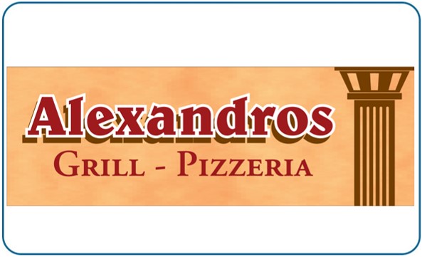 Rötliches Alexandros Schild, Grill Pizzeria, links Säulenmotiv, beige Hintergrund.