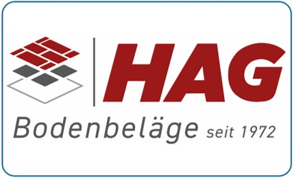Logo von HAG Bodenbeläge mit roten Kacheln und Text "seit 1972“.
