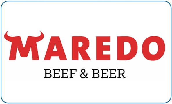 Logo der Restaurantkette Maredo mit rotem Schriftzug und Stierhörnern auf weißem Hintergrund.