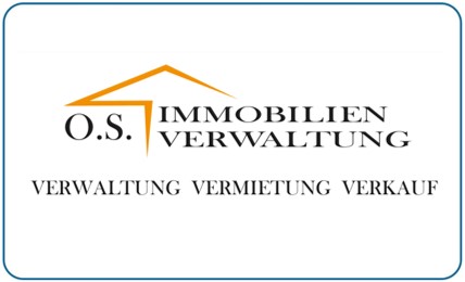 Logo von O.S. Immobilien Verwaltung; schwarzer Text und orangenes Dach, weiße Hintergrundfarbe.