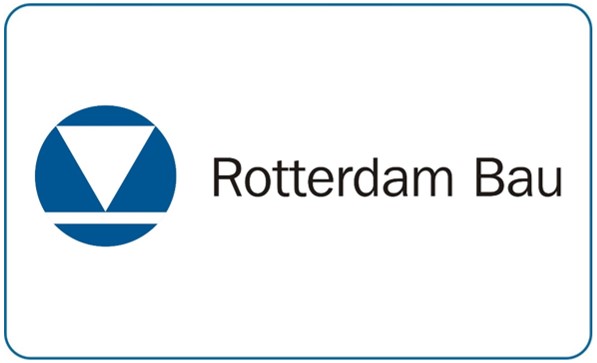 Blaues Logo mit einem stilisierten Pfeil nach unten und Text "Rotterdam Bau".