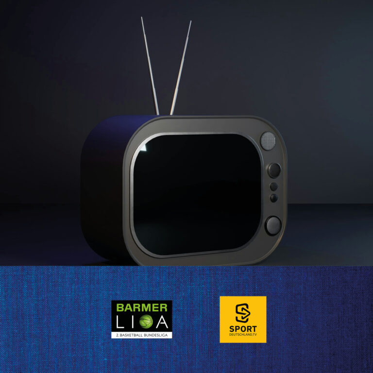 Alte Retro-Fernseher auf blauer Textur mit BARMER und Sportdeutschland Logos.