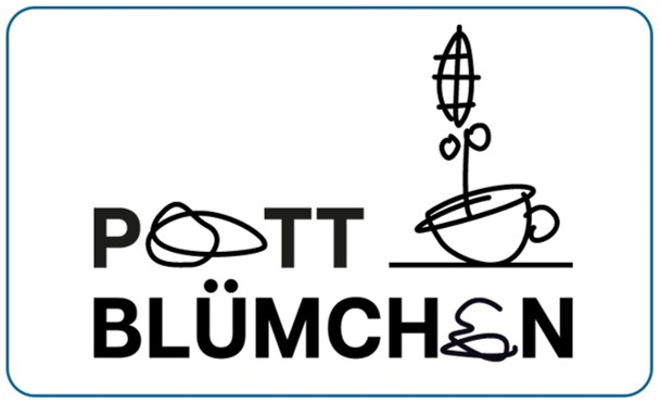 Gezeichnetes Logo eines Kaffeebechers mit Blume, darunter "Pott Blümchen" Text.
